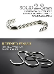 Detail of 2.8mm solid stainless steel S-shaped metal hooks with polished electrolytic finish