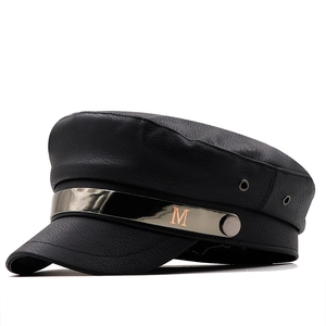 Women PU Leather Military Cap Retro Mariner Hat With Metal M Letter Badge Fashion Flat Top Beret