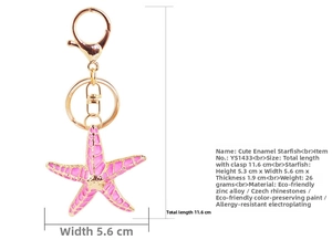 Pink starfish keychain with gold hardware and dimensions showing total length of 11.6cm