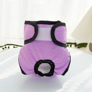 Détail macro du pantalon physiologique pour chien violet avec bordure noire et trou