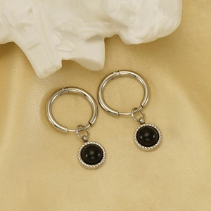 Boucles D'Oreilles Créoles Géométriques Vintage Femmes Acier Inoxydable Plaqué Or 18K Pierre Naturelle Noire Bijoux Minimalistes