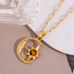 18K gold-plated star and moon pendant necklace with tiger eye stone and crystals