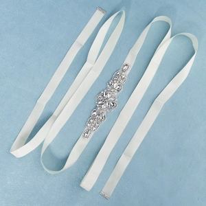 Rhinestone bridal belt with white satin ribbon and sparkly applique for wedding dresses