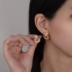 Exquisite double round spiral stud earrings with vibrant multi-color cubic zirconia