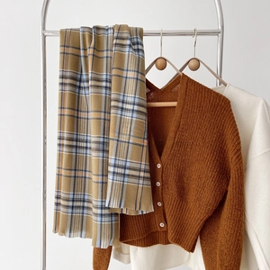 Detail of light brown plaid scarf with tassels paired with a beige knit cardigan