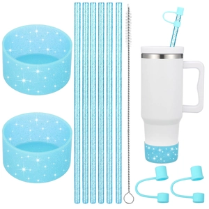 Blue glitter cup accessory set with silicone covers, straws, brush and straw caps