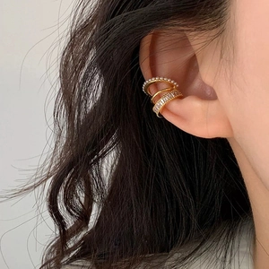 Three-piece gold-plated pearl and cubic zirconia ear cuff set for non-pierced ears