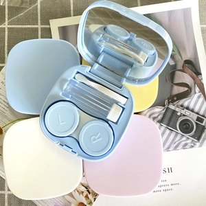 Minimalist square contact lens case set with mirror and accessories in macaron colors