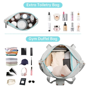 Detail of grey gym duffel bag and extra toiletry bag with blue zipper accents