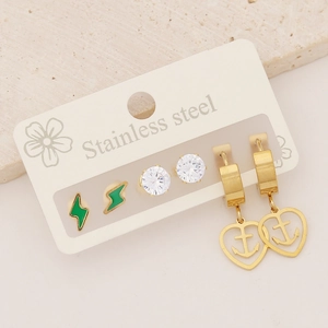 Detailed view of three pairs of stainless steel earrings including lightning and heart motifs
