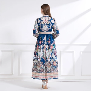Vintage royal style maxi dress with stand collar and intricate paisley floral print