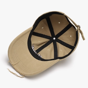 Distressed khaki cotton baseball cap with vintage embroidery and adjustable metal buckle