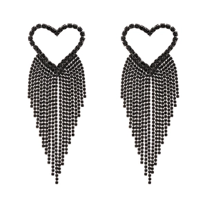 Gothic dark style heart tassel earrings with black rhinestones on a white background