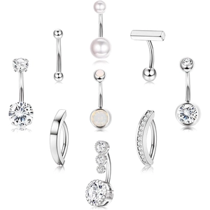 9-piece stainless steel belly button ring set with zircon and pearl accents
