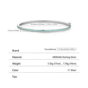 Minimalist S925 sterling silver bangle with mint green enamel inlay on white background
