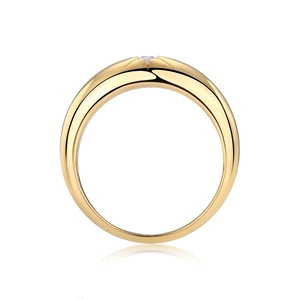 Macro detail of polished gold S925 sterling silver ring with inset D color moissanite stone