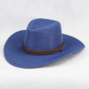 Chapeau de cowboy en lin bleu avec cordon tressé marron et œillets pour protection solaire