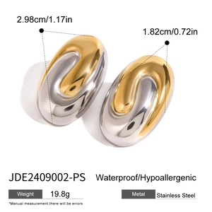 Detail showing two-tone geometric earring dimensions and hypoallergenic steel texture