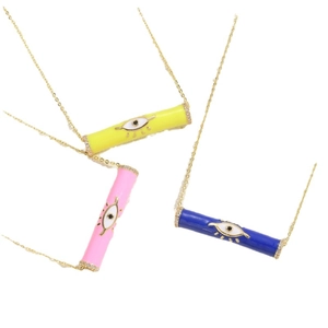 Three colorful enamel evil eye cylinder pendants on fine gold chains for women