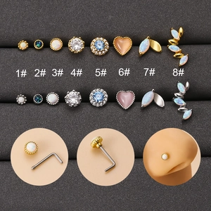 Fashion Stainless Steel L-Bar Nose Studs For Women Copper Inlaid Zirconia Synthetic Opal Geometric Body Piercing Jewelry