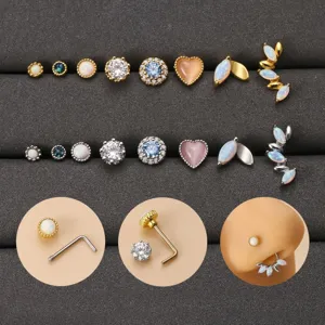 Clous de Nez en Forme de L en Acier Inoxydable Mode pour Femmes Incrusté de Zirconia Opale Synthétique Bijoux de Piercing