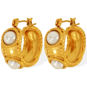 French vintage style gold C-shape titanium steel earrings featuring white pearls