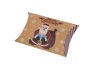 Detail of kraft paper Christmas pillow candy box with Santa Claus and snowflake motifs