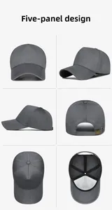Detail view of 5-panel dark grey mesh baseball cap with bronze metal adjustable buckle