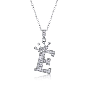 S925 sterling silver capital letter E necklace with crown and sparkling moissanite stones