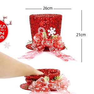 Red sequin Christmas tree topper hat with bow and festive ornaments 26cm diameter