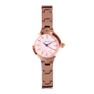 Elegant rose gold steel band watch with a pink dial and diamond markers for women
