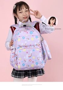 Detail of purple school backpack for girls with rainbow pattern and matching side pencil case
