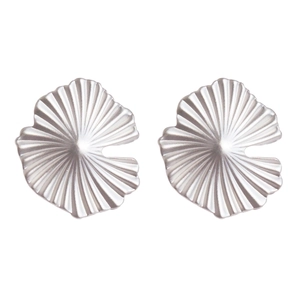 Matte silver ginkgo leaf stud earrings with radial texture on a white background