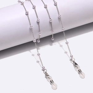 Elegant silver pearl eyewear chain with silicone loops for glasses and masks