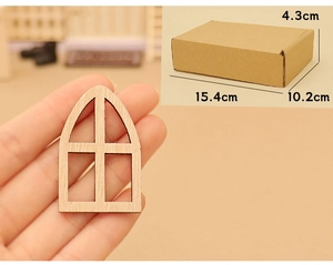 Détail d'un cadre de fenêtre miniature en bois pour maison de poupée avec dimensions de boîte