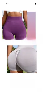 Dettaglio degli shorts da yoga a vita alta con arricciatura push-up in viola e grigio chiaro
