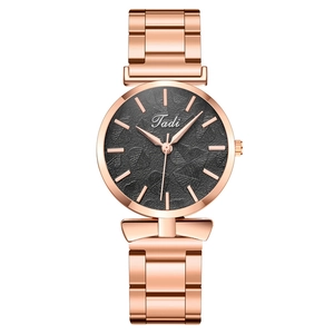 Women Fashion Quartz Watch Round Metal Band Elegant Leaf Texture Dial Bowknot Design Analog Wristwatch