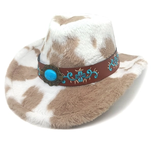 Western cow print cowboy hat with plush texture and turquoise stone accent
