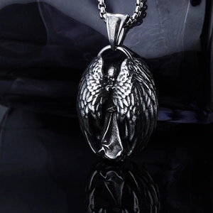 Retro stainless steel angel pendant necklace with vintage finish and pearl chain