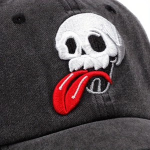 Dark grey baseball cap with high-quality white skull and red tongue embroidery detail