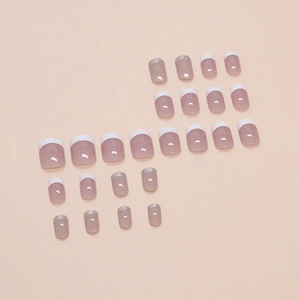 French tip press-on nails set with 24pcs pink base and silver glitter finish