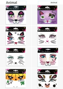 Set of eight assorted glitter animal face art stickers with rhinestones for parties
