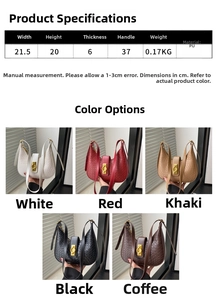 Detailed size specifications and five color options for woven texture crescent bag