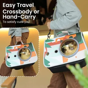 Portable transparent space capsule pet carrier bag with geometric print for cats and dogs