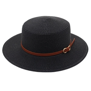 Classic black flat-top straw boater hat with a brown leather strap and gold buckle detail