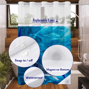Detail of snap-in replaceable liner and weighted magnets on ocean turtle shower curtain