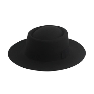 Classic black wool felt boater hat with flat top and grosgrain ribbon band for women