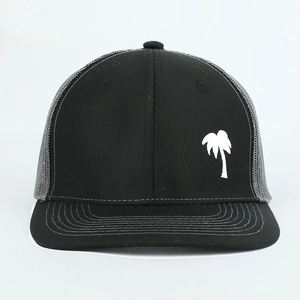 Black snapback hat with white palm tree embroidery and grey breathable mesh panel