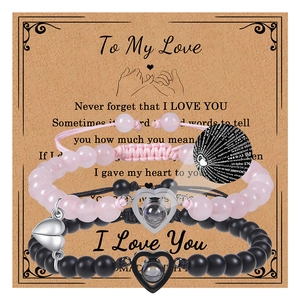 Couple Magnetic Bracelets Natural Stone Pink Crystal Multilingual I Love You Projection Heart Attraction Jewelry