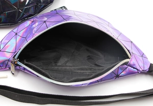 Detail view of colorful holographic waist bag showing spacious interior and black lining